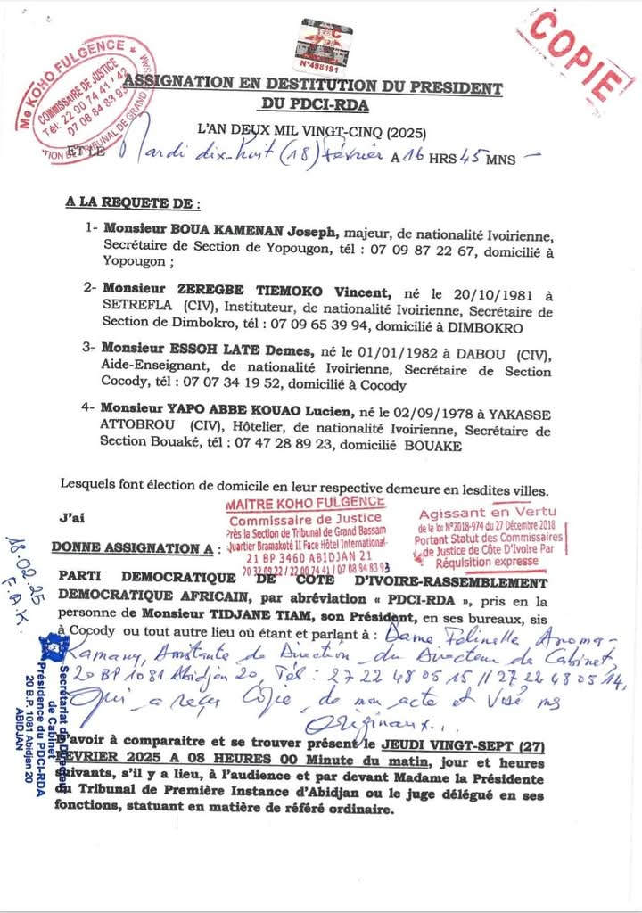 hiam convoque au tribunal dAbidjan le 27 fevrier pour une procedure de destitution1